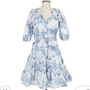 Dress Forum Blue & White Toile Print Belted Tiered Beautiful Dress Size L